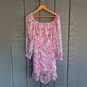 EillyBazar Pink Floral Ruched Square Neck Long Sleeve Mini Dress Size M